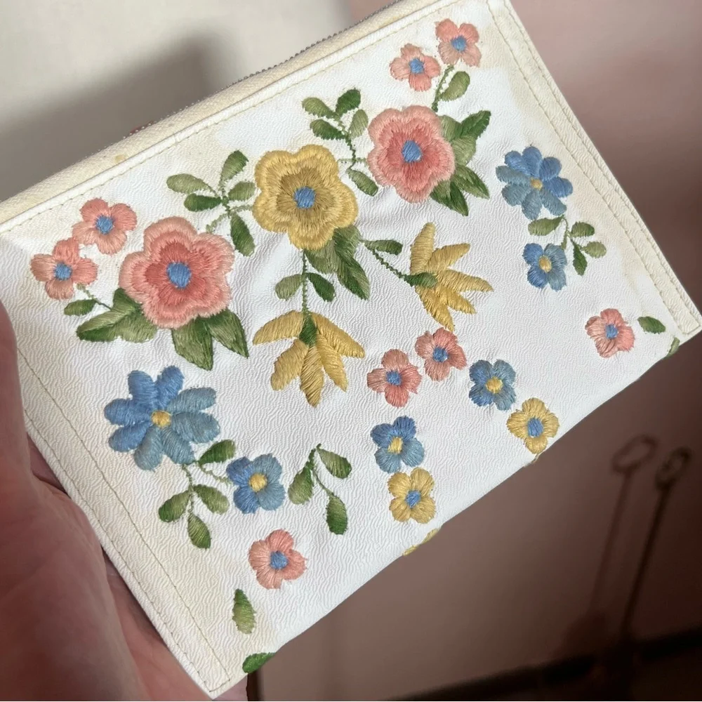 Vintage 40 50 Retro white Leather Pastel embroidered Cottagecore Clutch mini Bag - Picture 12 of 16